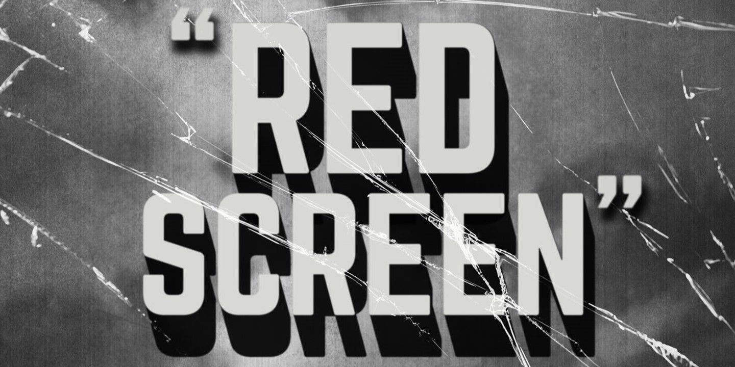 Official imagery for "Red Screen" by Stephen King featuring a grey, cracked background and the title