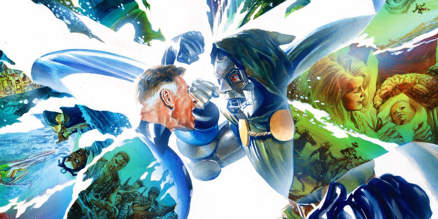 O Senhor Fantástico de Reed Richards lutando contra o Doutor Destino em Secret Wars da Marvel Comics