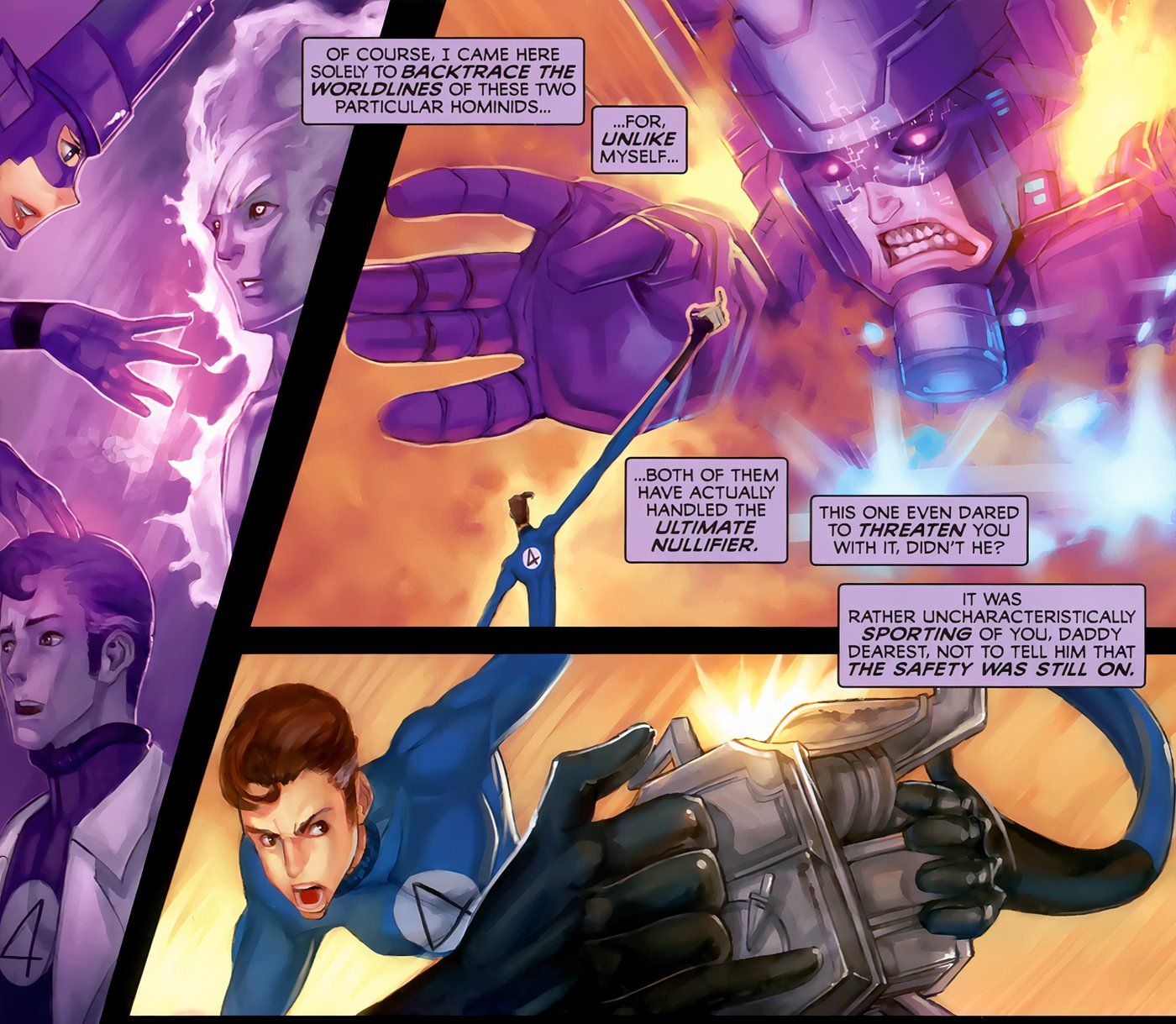 Quarteto Fantástico, Reed Richards apontando o Nulificador Supremo para Galactus.