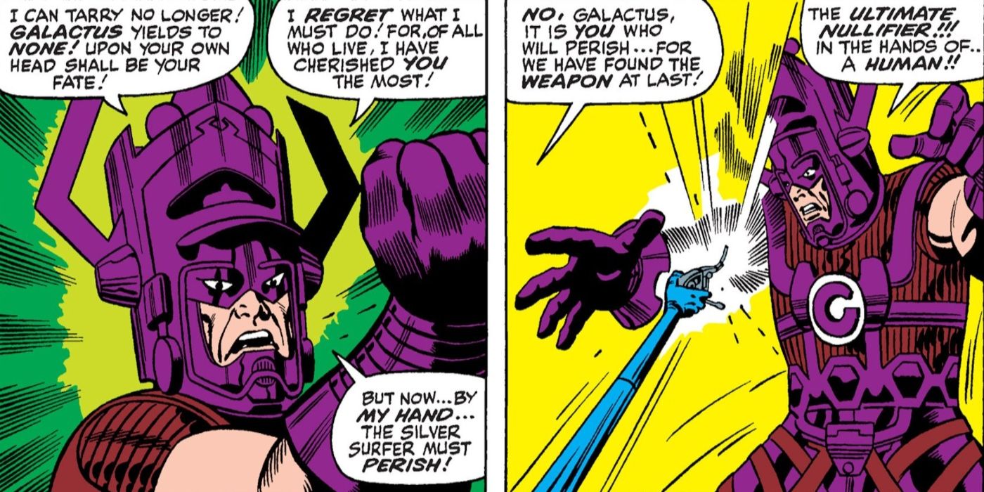 Reed Richards threatens Galactus with the Ultimate Nullifier. 