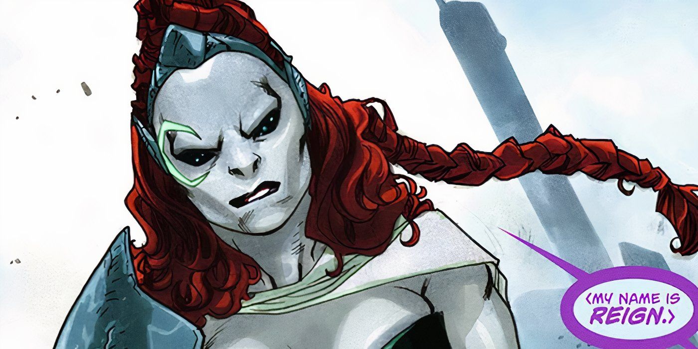 Reign, a red-haired, gray-skinned alien, glares and states her name. 