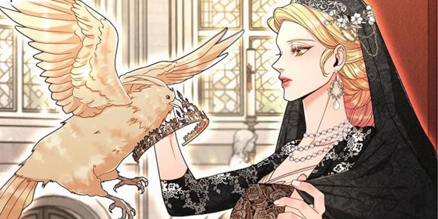 Remarried Empress official artwork of the empress petting a bird as it brings her a crown.