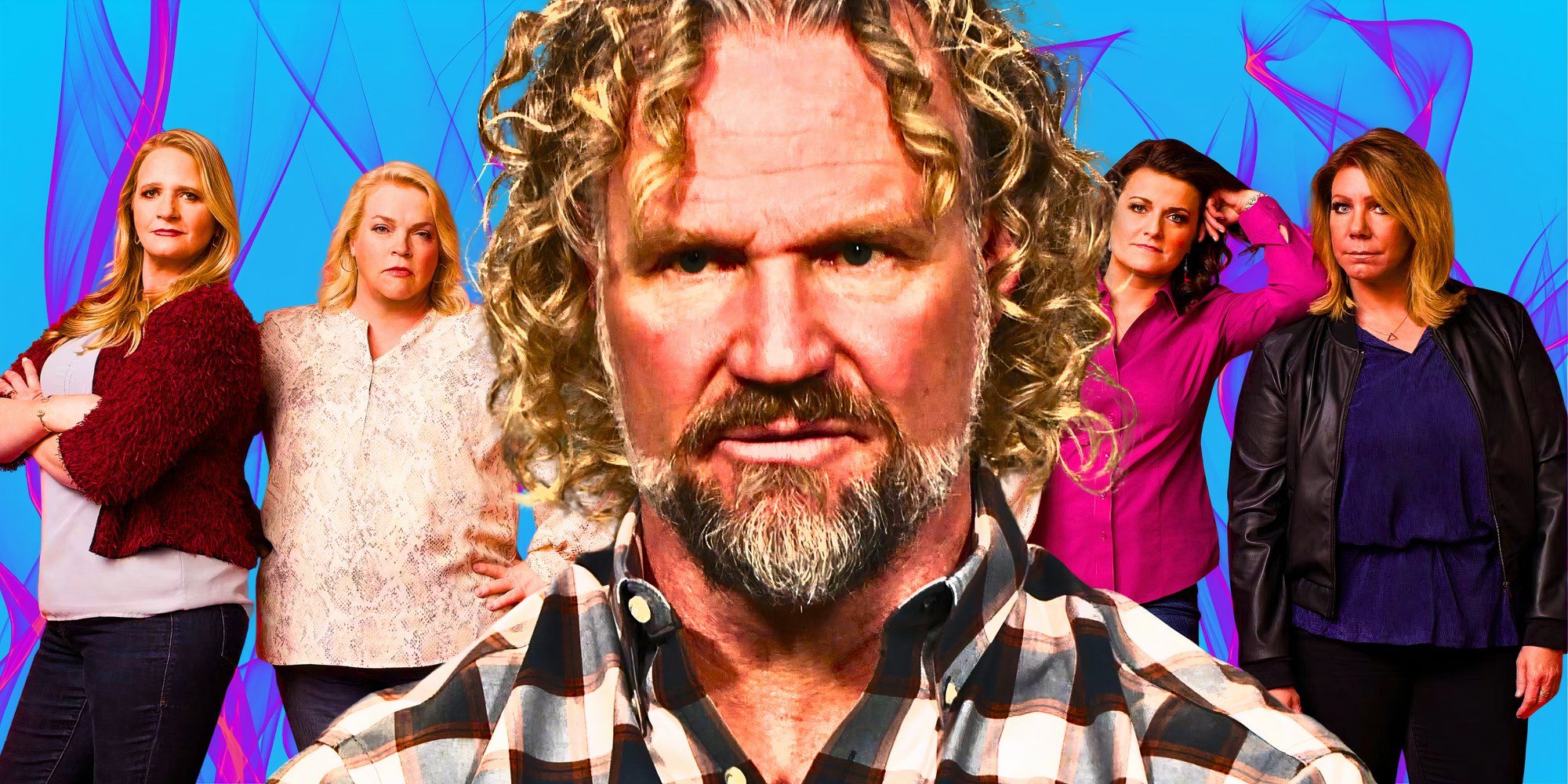 Sister Wives' Kody, Meri, Janelle, Robyn, and Christine Brown in montage with turquoise background