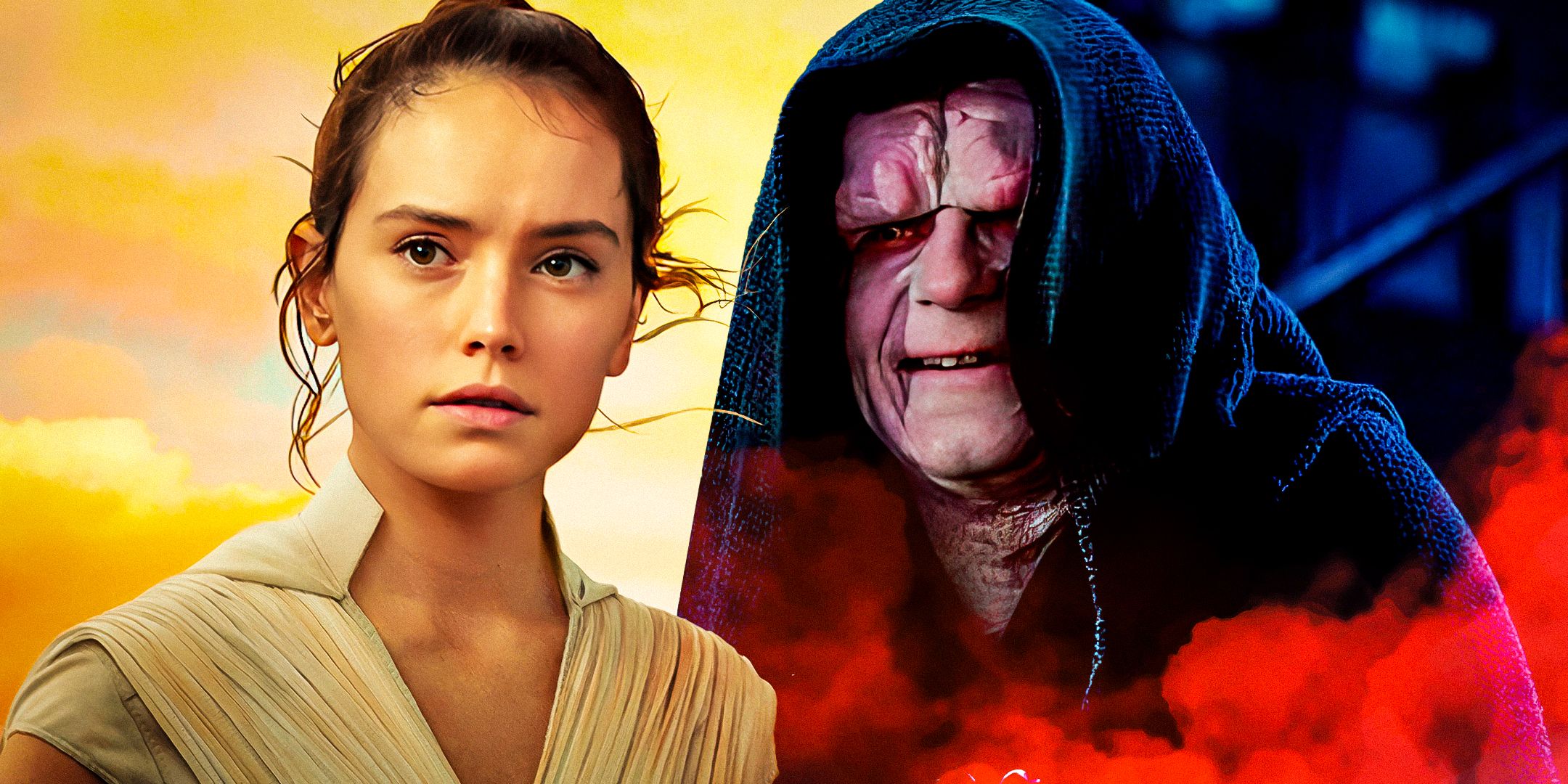 Rey looking curious to the left in front of a bright yellow background and Emperor Palpatine scowling under his hood to the right with red smoke around him in a combined image