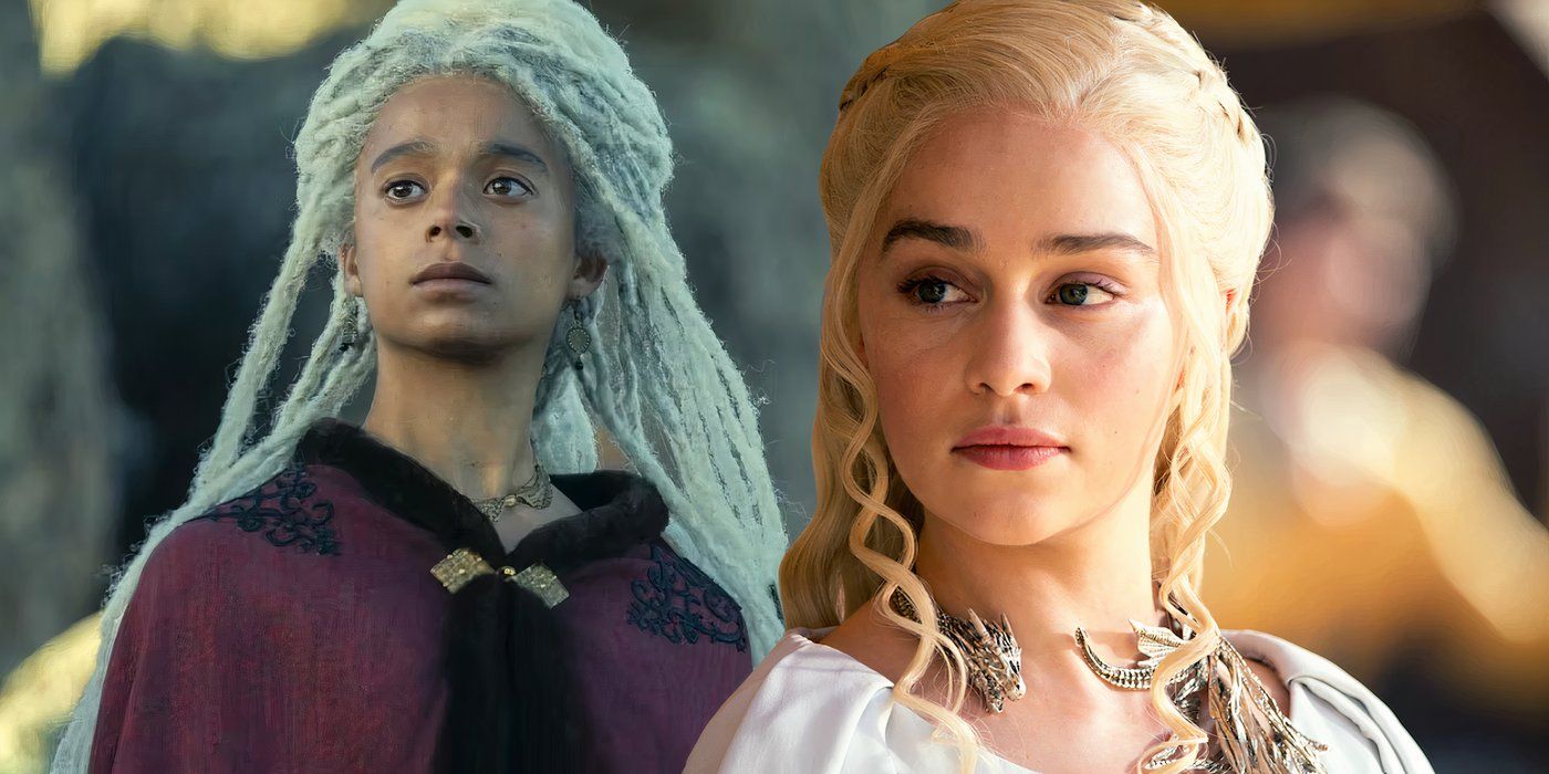 Rhaena Targeryen as seen in House of the Dragon next to Daenerys Targaryen from Game of Thrones