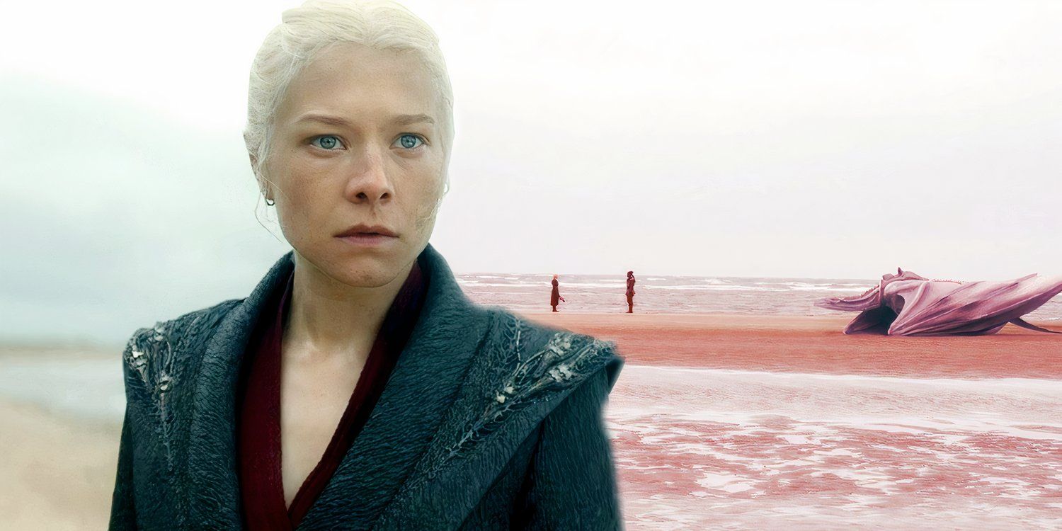 Rhaenyra and Syrax facing Addam and Seasmoke on the beach in House of the Dragon season 2, episode 7 and Rhaenyra giving a stare