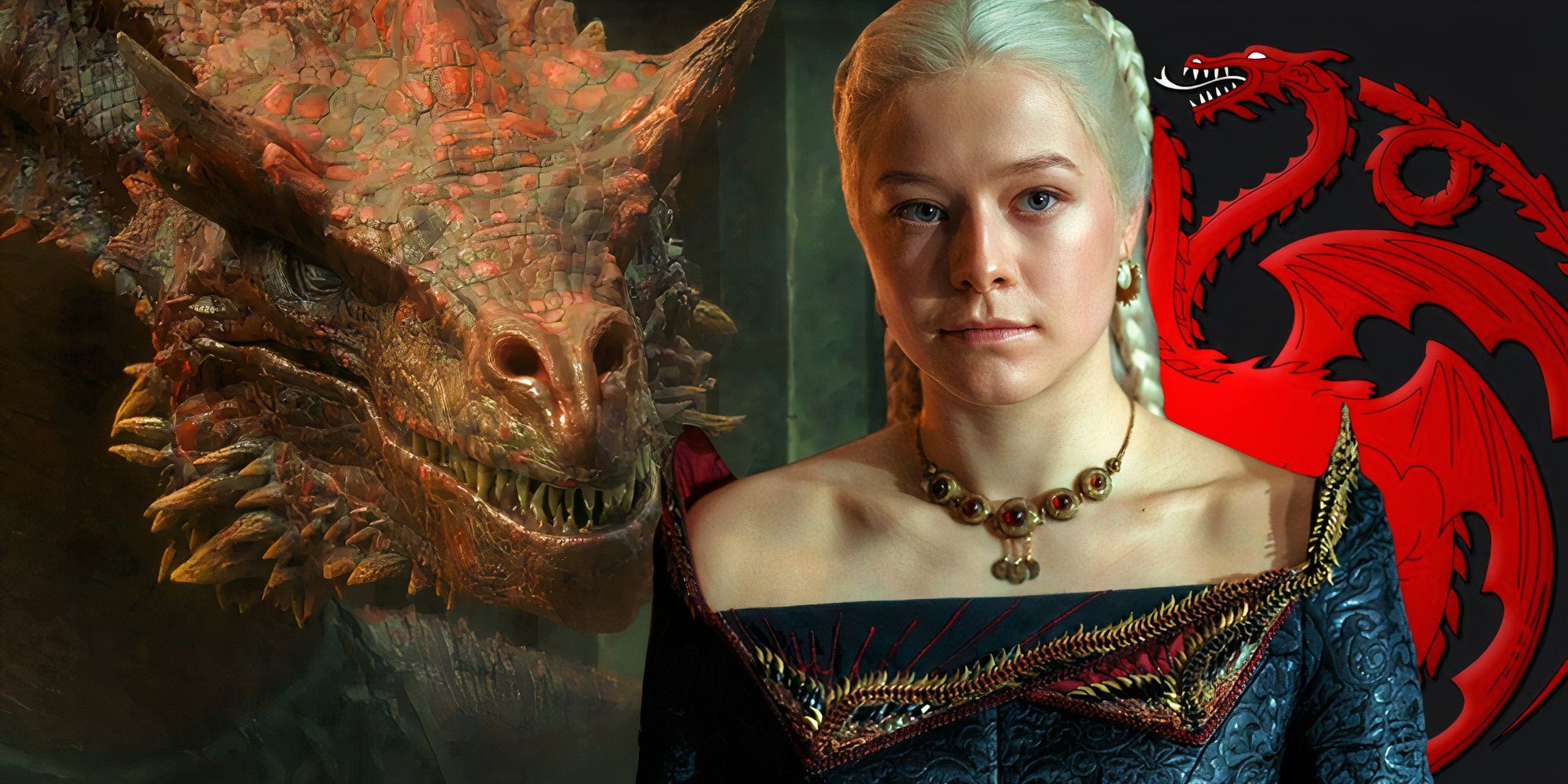 Emma D'Arcy como Rhaenyra Targaryen sobre un sello Targaryen y Caraxes de La Casa del Dragón (2022-)