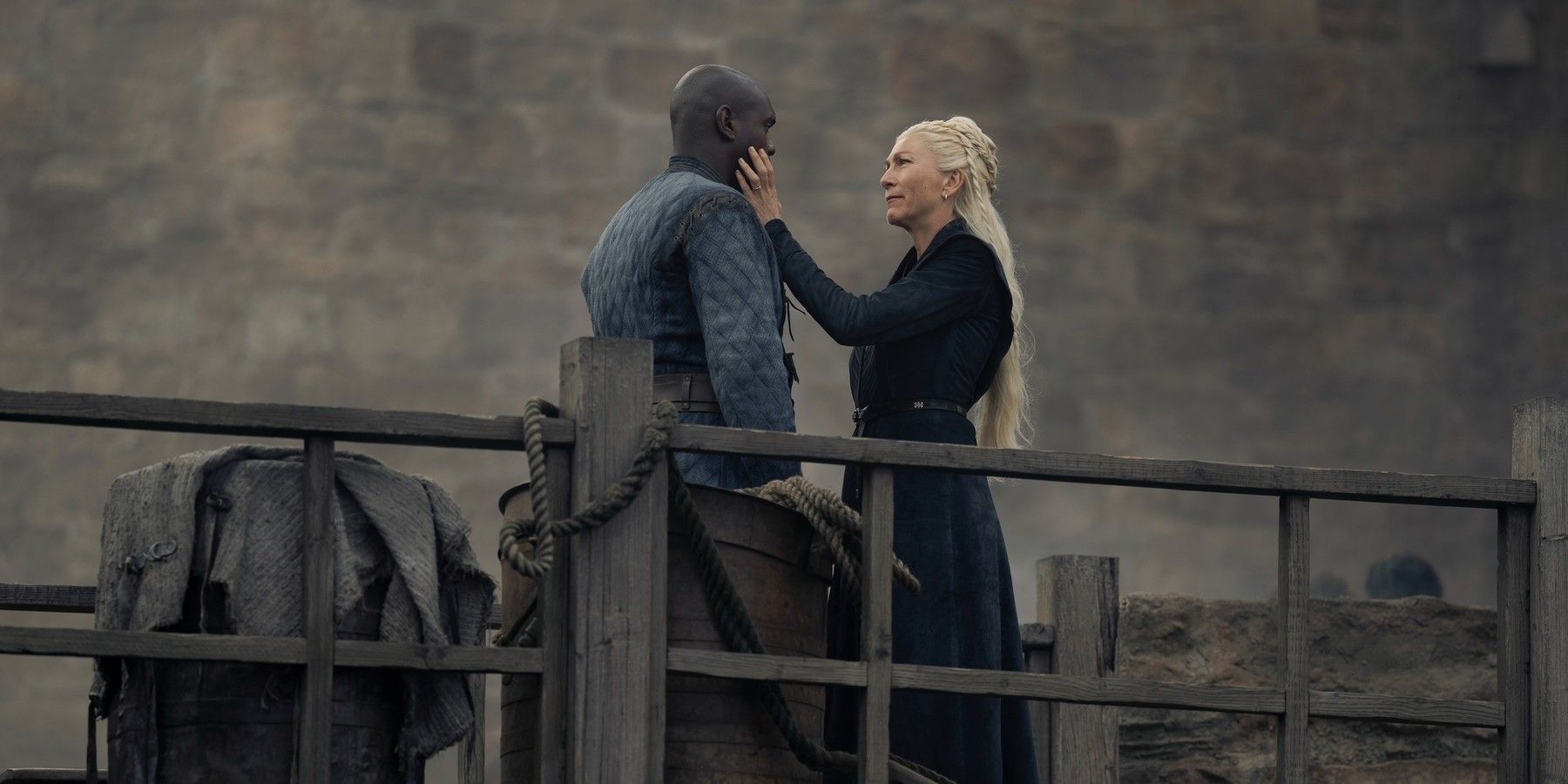 Rhaenys Targaryen touching Alyn of Hull's face in House of the Dragon