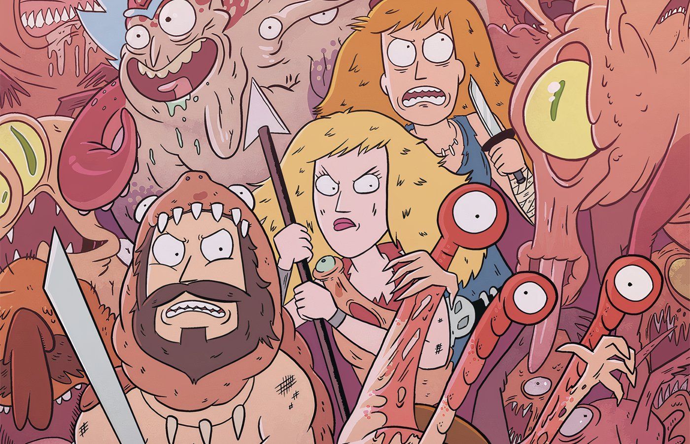 A família Smith de Rick e Morty no universo onde todos se tornaram Cronenbergs. 