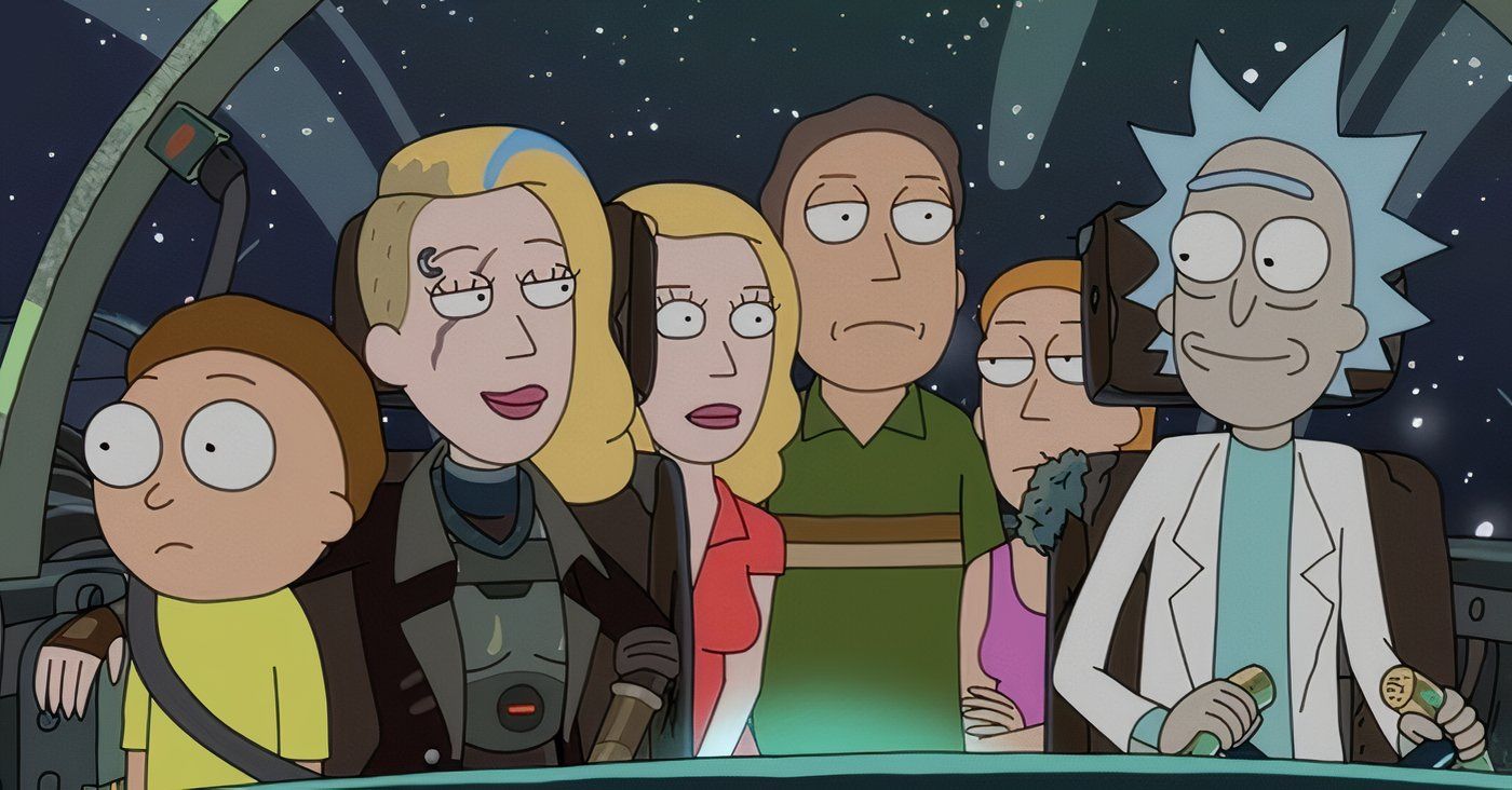 Rick e Morty sentados na nave espacial de Rick com toda a família. 