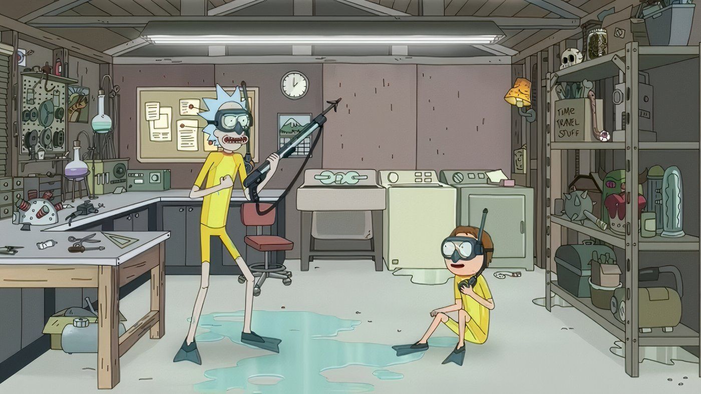 Rick e Morty com equipamento de mergulho depois de voltar do Atlantis para casa.