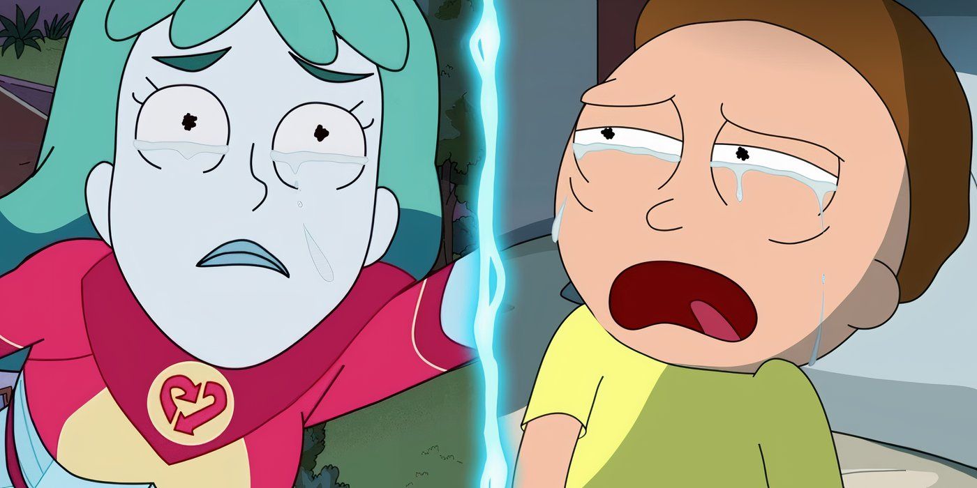 Morty e Planetina de Rick e Morty chorando em uma imagem dividida.