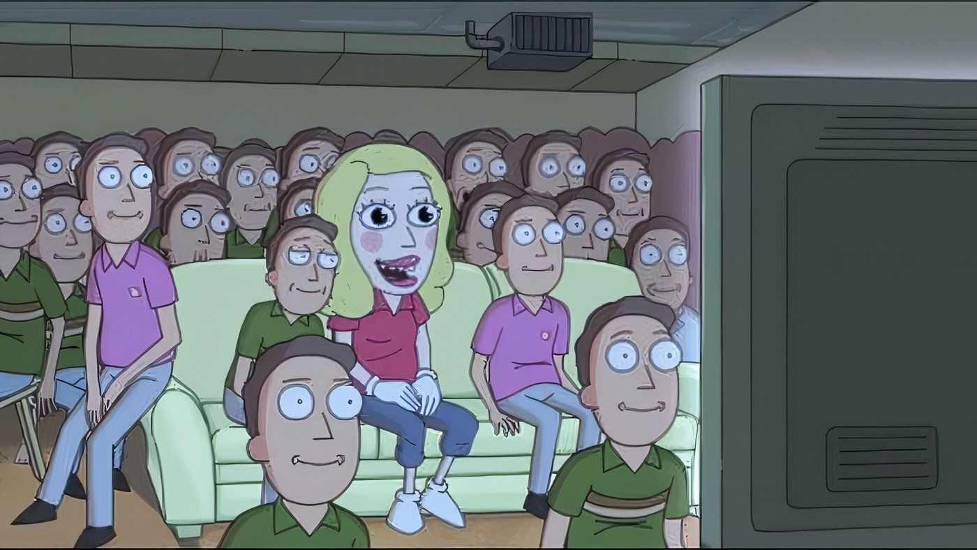 Inúmeros Jerrys assistindo TV juntos em Rick e Morty. 