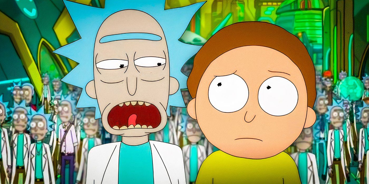 Rick e Morty se entreolhando com inúmeras variantes de Rick atrás deles.