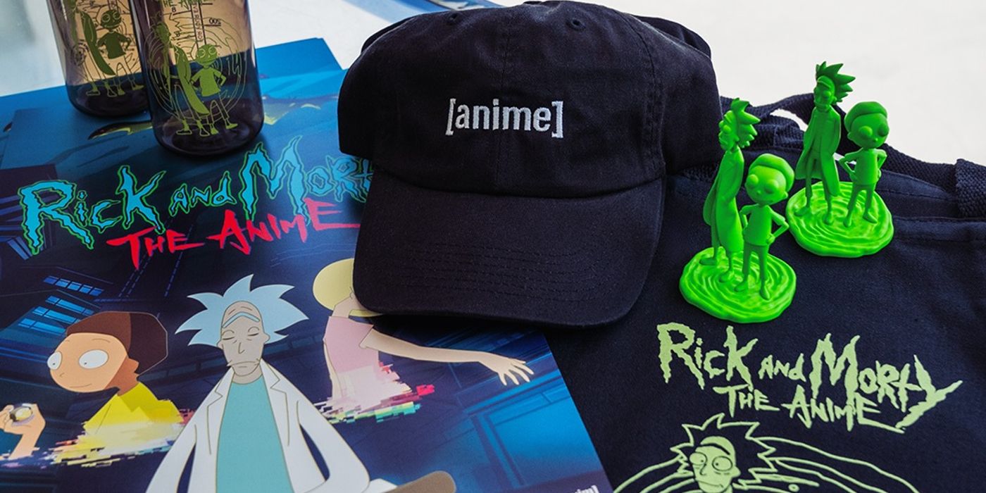 Anime de Rick y Morty disponible exclusivamente a través de Rickmobile, que incluye gorras, carteles, figuras, camisetas y botellas de agua.