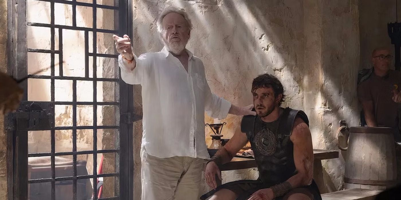 Ridley Scott stands with Paul Mescal on the set of Gladiator 2