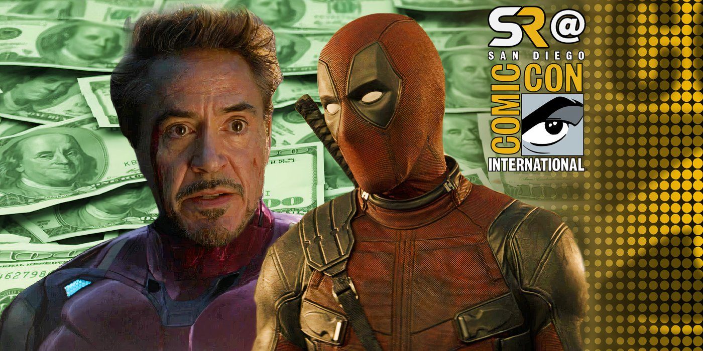 Robert Downey Jr as Iron Man and Ryan Reynolds as Deadpool against a sea of money in a San Diego Comic-Con custom image