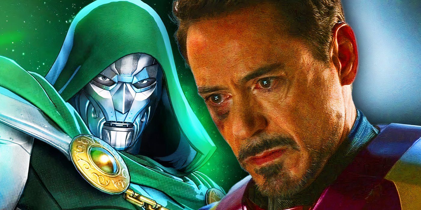 Robert Downey Jr. as Tony Stark in Iron Man with Doctor Doom in Marvel Comics