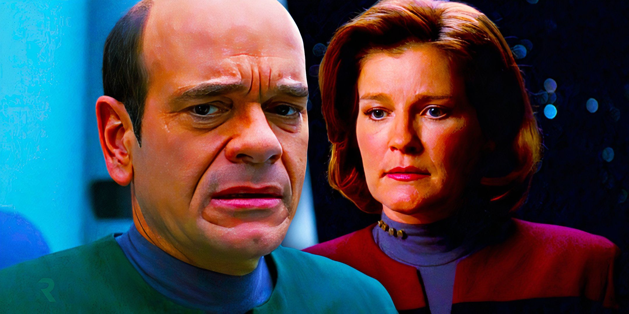 A collage of the Doctor and Captain Janeway both looking concerned from Star Trek: Voyager.