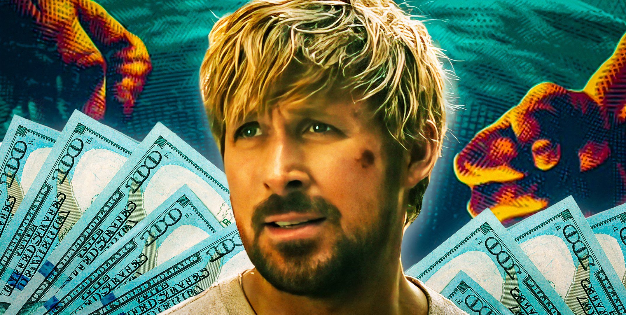 Ryan Gosling as Colt Seavers from The Fall Guy surrounded by money