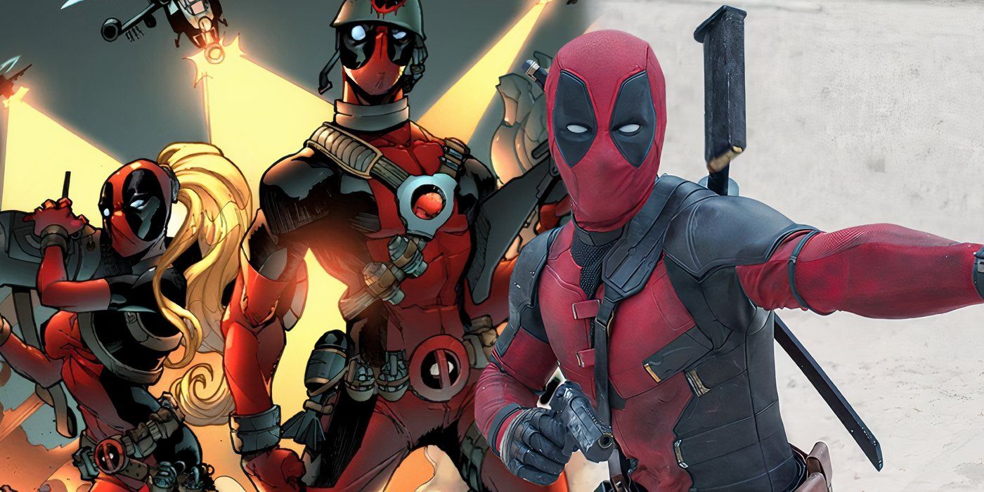 Ryan Reynolds as Deadpool standing in front of the Deadpool Corps with guns firing