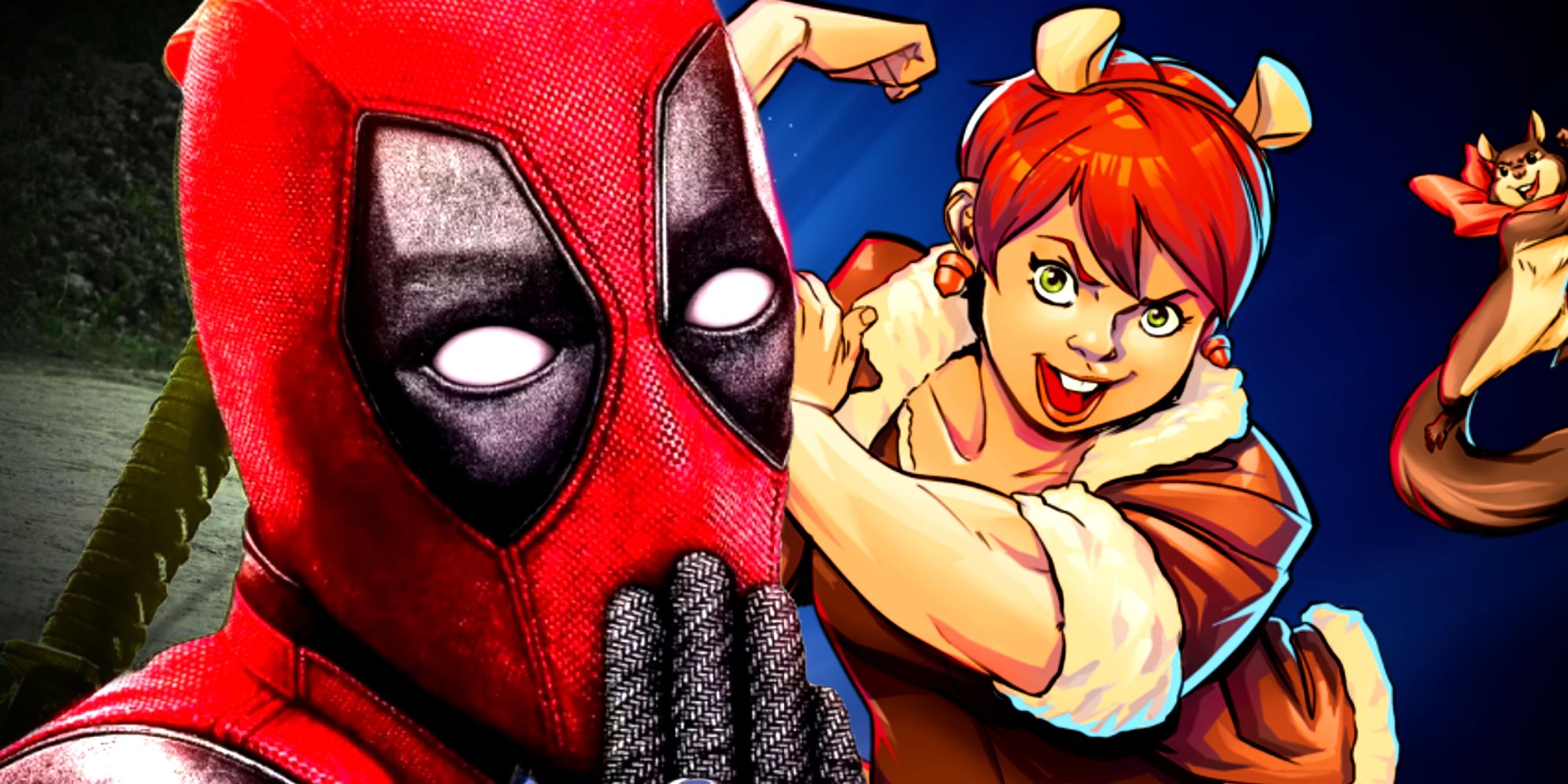 Ryan Reynolds' Deadpool posing in front of Marvel Comics' Squirrel Girl