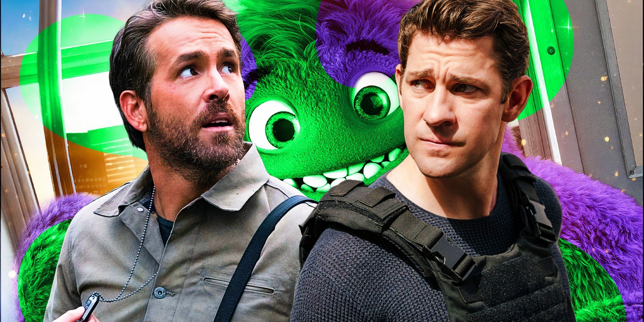 Ryan Reynolds in Adam Project and John Krasinski in Jack Ryan and Blue from IF with Rotten Tomatoes rotten logo