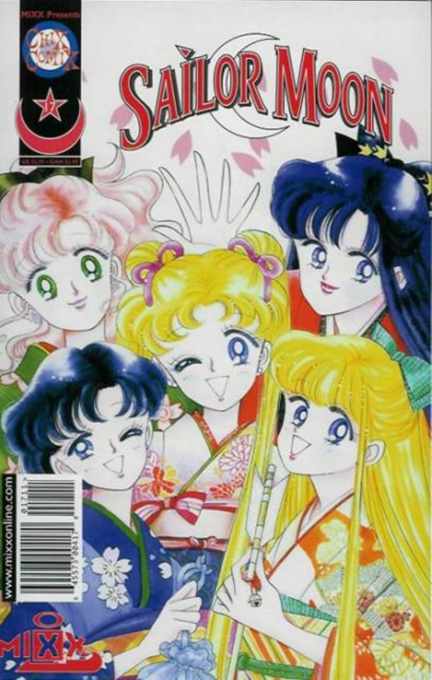 Sailor Moon - Capa 17 retratando Usagi e as outras Sailor Scouts amontoadas e sorrindo em quimonos.