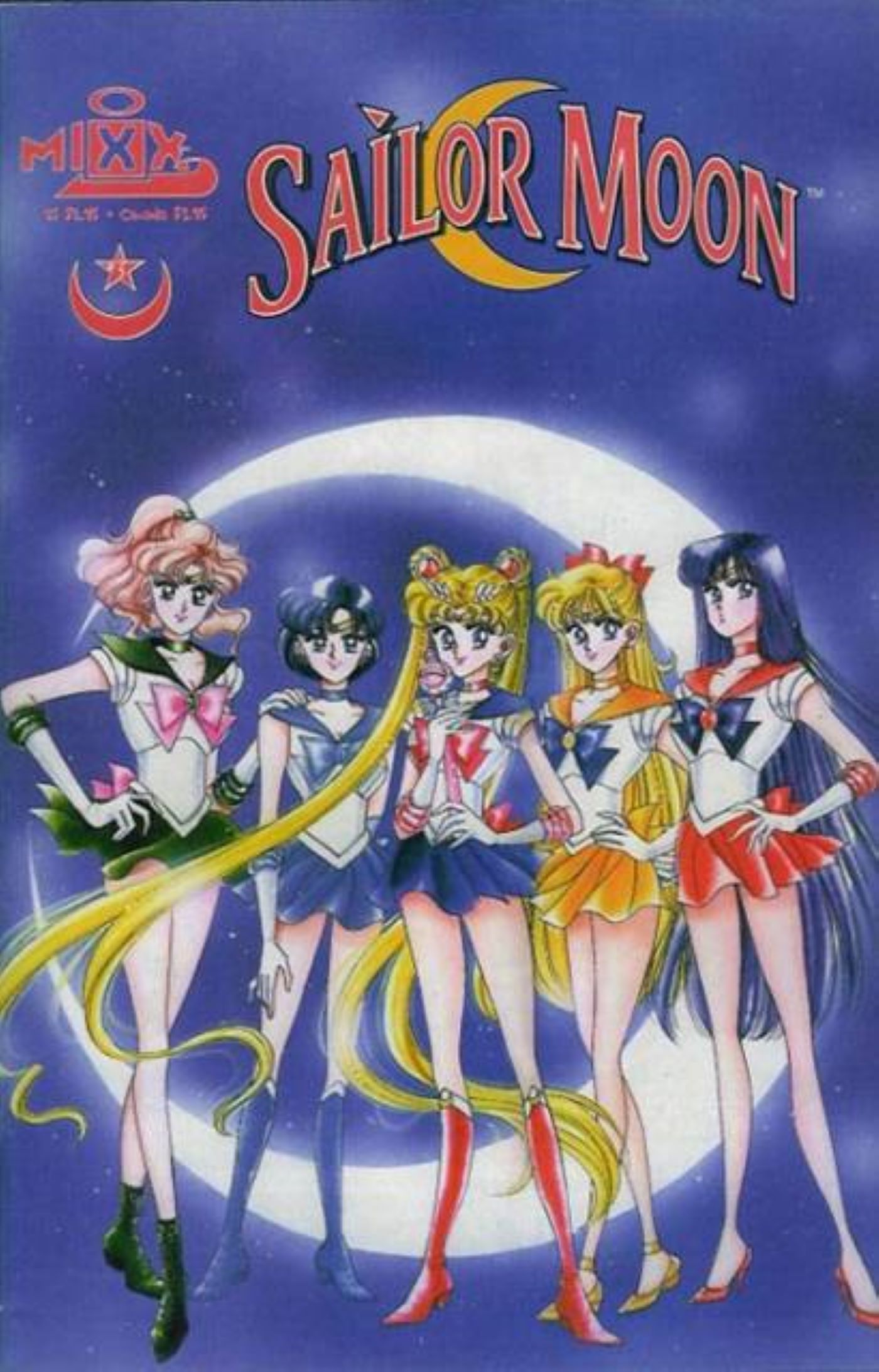 Sailor Moon - Capa 3 retratando as Sailor Scouts juntas com uma lua crescente estilizada atrás delas.