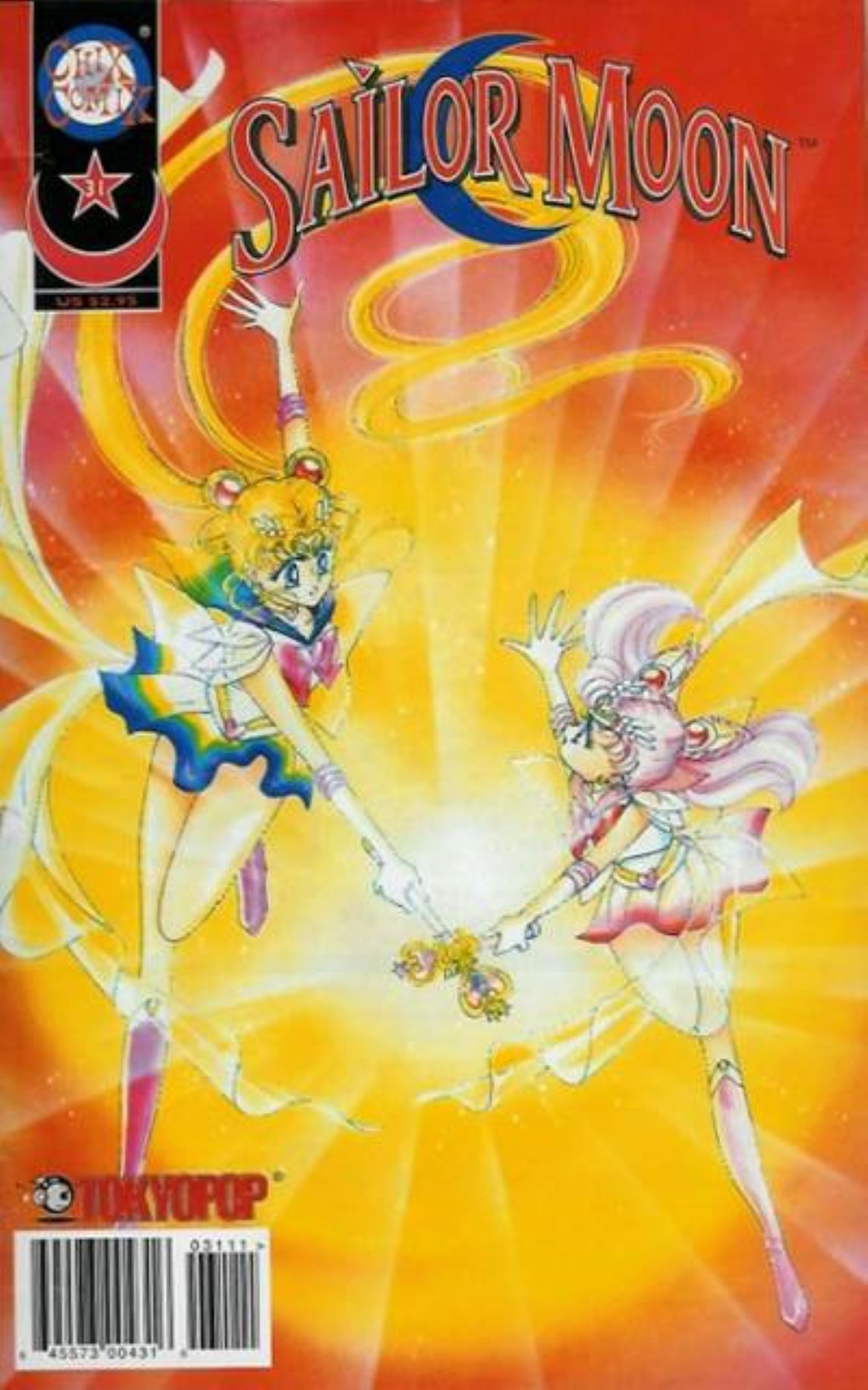 Sailor Moon - Capa 31 retratando Usagi e Chibiusa juntando suas varinhas, liberando muito poder.