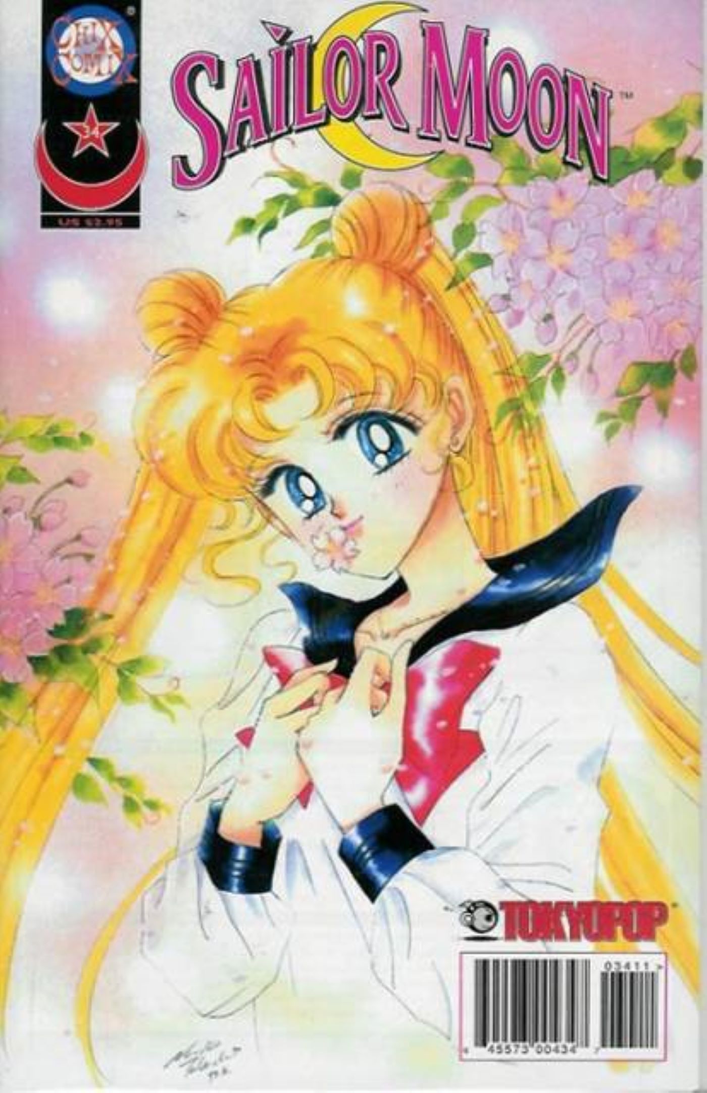Sailor Moon - Capa 34 retratando Usagi em seu Yukata com uma faixa fluindo atrás dela e outra flutuando sobre seu rosto.