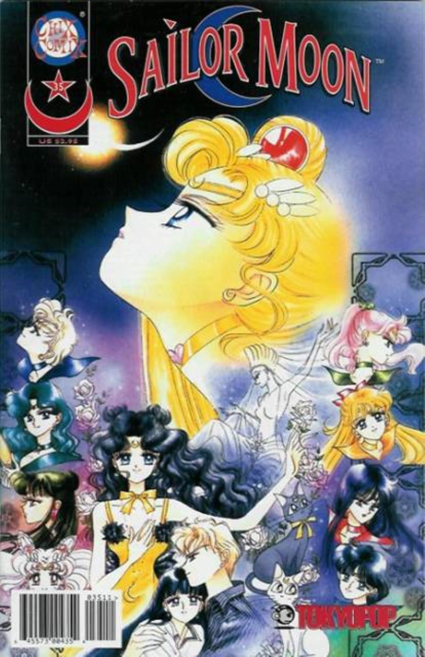Sailor Moon - Capa 35 retratando todos os marinheiros escoteiros reunidos com o rosto de Usagi maior enquanto ela olha para a lua.