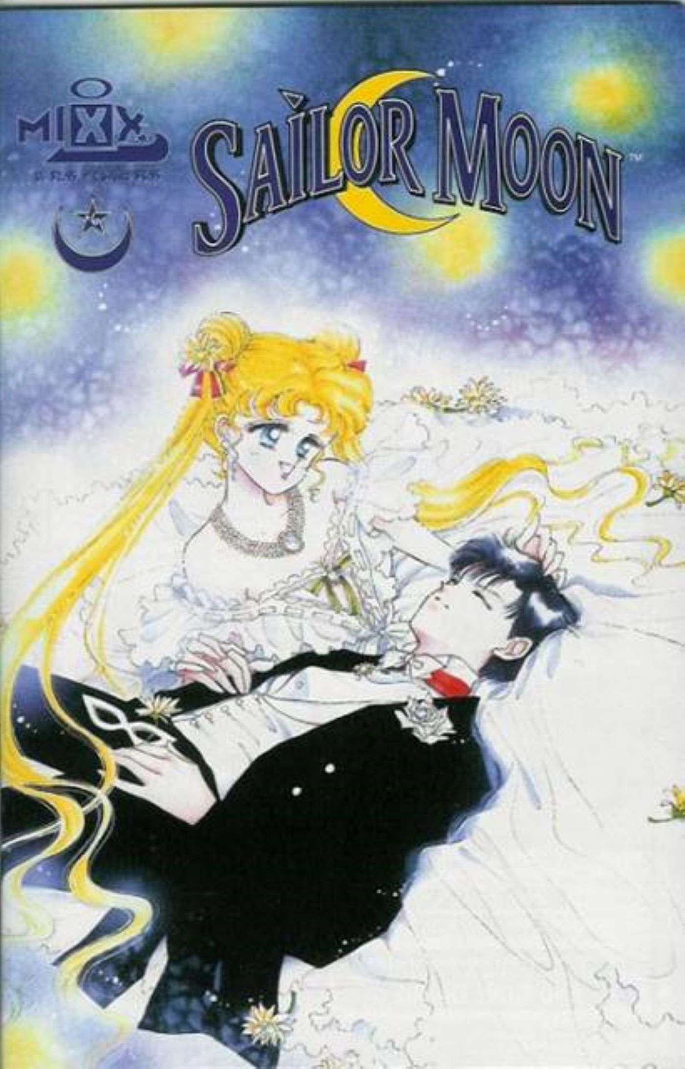 Sailor Moon - Capa 6 retratando Usagi usando um vestido de noiva enquanto ela embala um Tuxedo Mask adormecido.