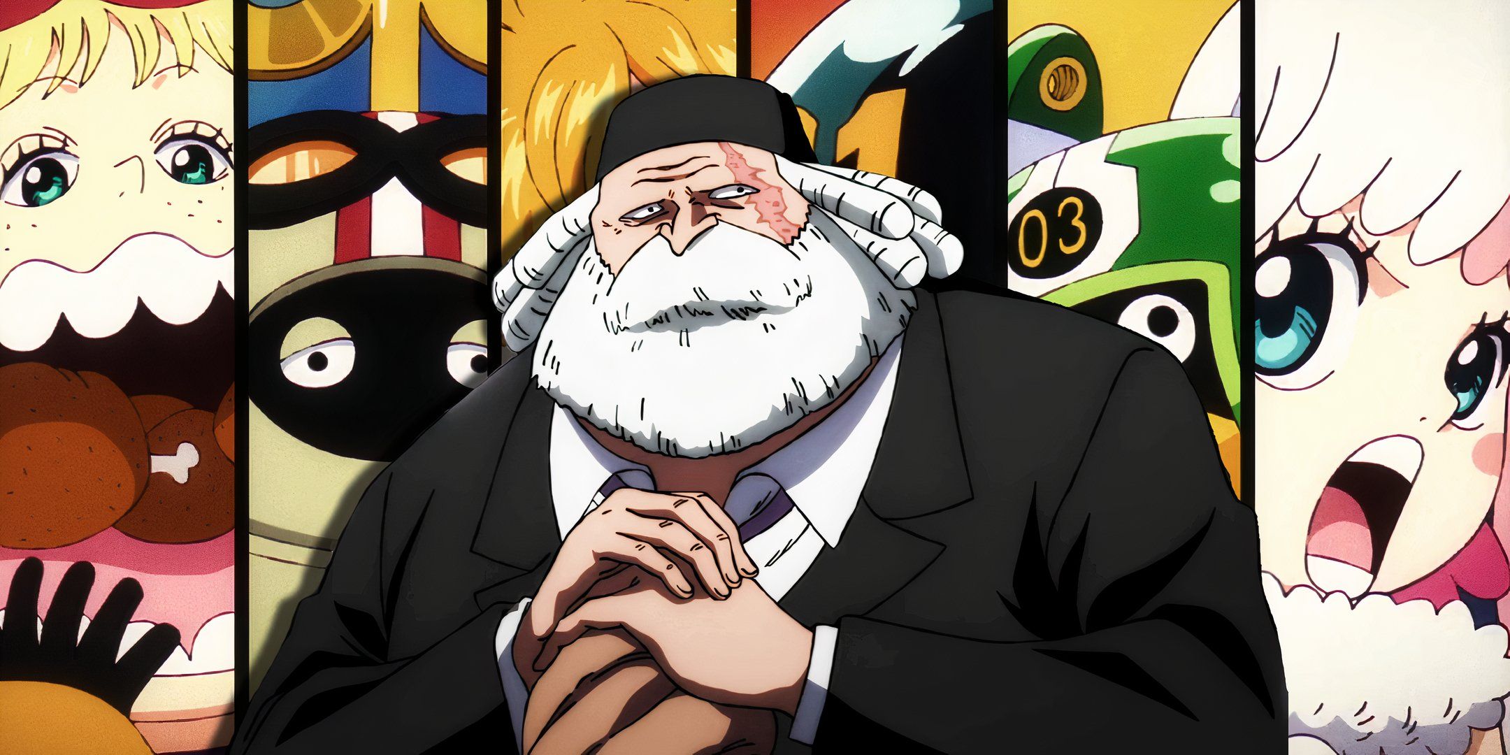 Saint saturn in his human form looking off to the side with his palms on his staff with a collage of vegapunk&rsquo;s six satellites in the background