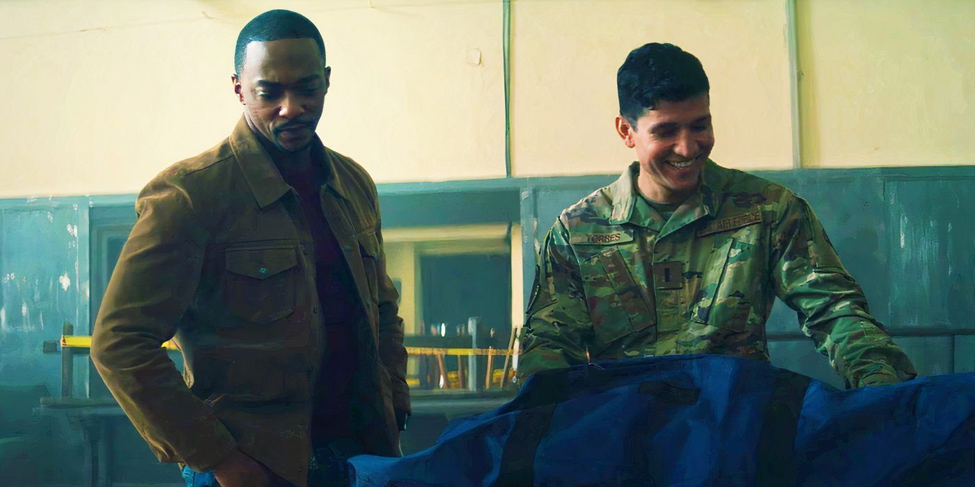 Sam Wilson laughing with Joaquin Torres in The Falcon and the Winter Soldier