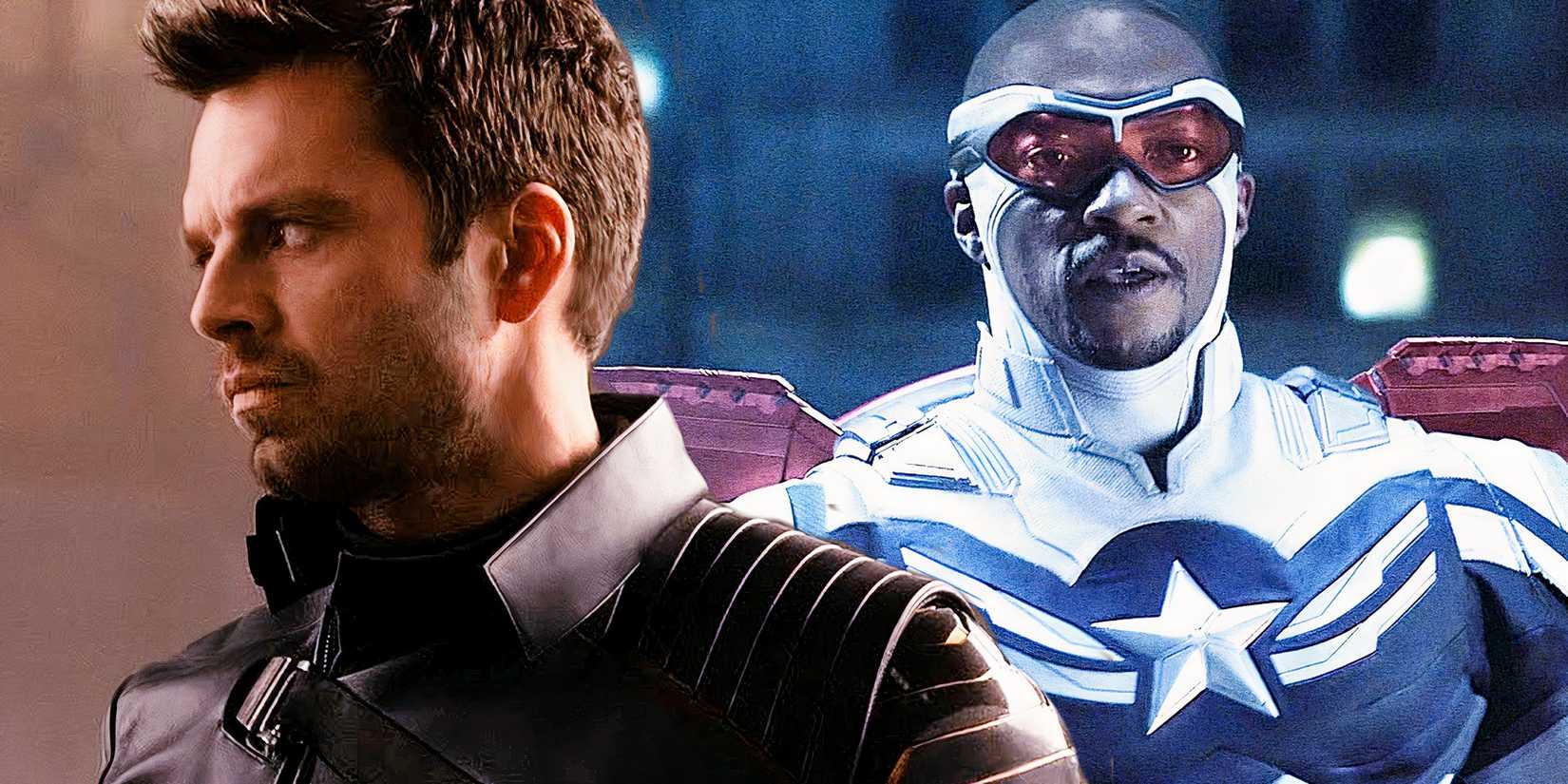 Bucky Barnes looking serious and Sam Wilson fights in his Captain America suit in The Falcon and the Winter Soldier