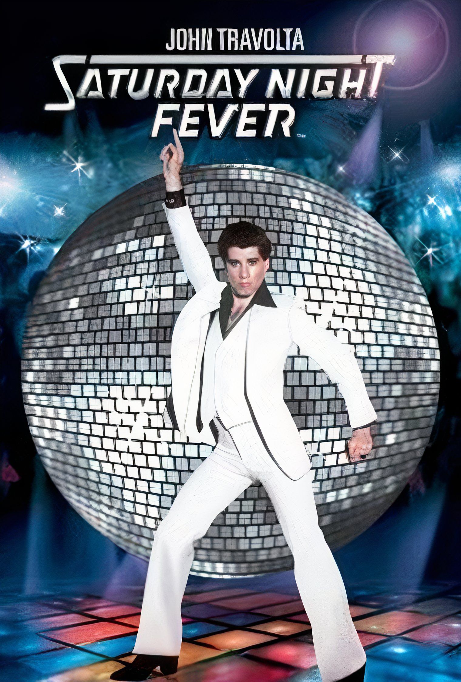 Un póster de Saturday Night Fever que muestra a John Travolta con su icónico traje blanco y su pose.