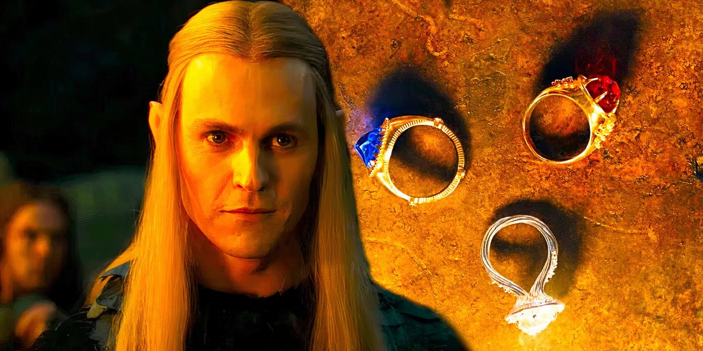 Sauron played by Charlie Vickers smirking as his fair Elf form Annatar next to the three Elven Rings in The Lord of The Rings The Rings of Power