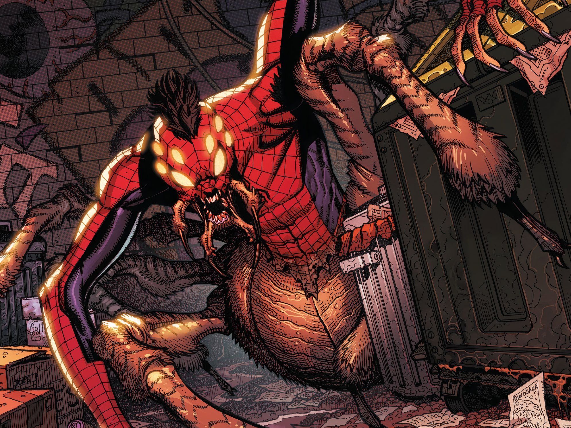 Peter Parker, como o Homem-Aranha Selvagem, espia por trás de um beco cheio de lixo suas próximas vítimas.