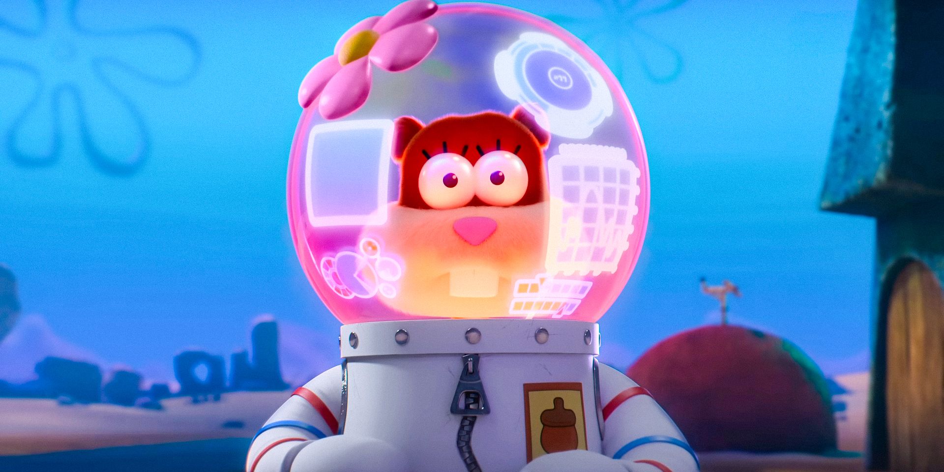 Sandy receives many warnings on her helmet in Saving Bikini Bottom: The Sandy Cheeks Movie