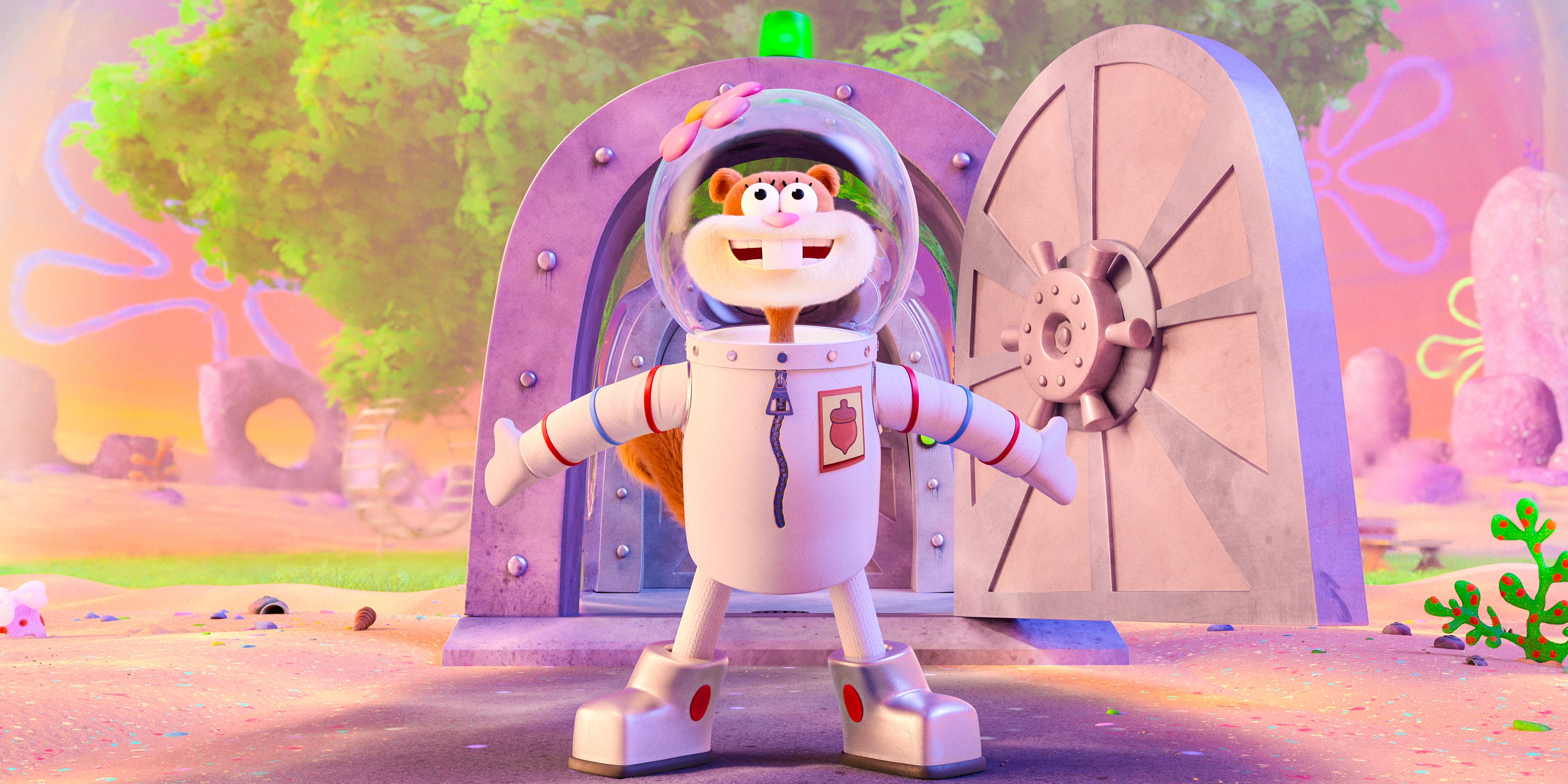 Sandy happily exits her treedome, ready to start a new day in Saving Bikini Bottom: The Sandy Cheeks Movie.