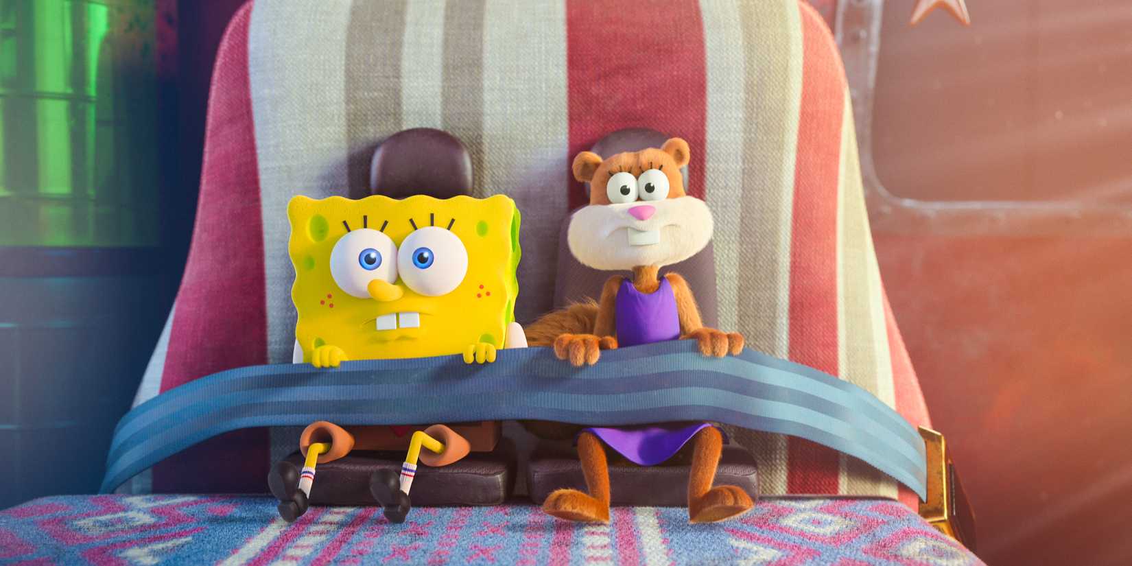 SpongeBob and Sandy in the passenger seat with the seatbelt fastened in Saving Bikini Bottom: The Sandy Cheeks Movie