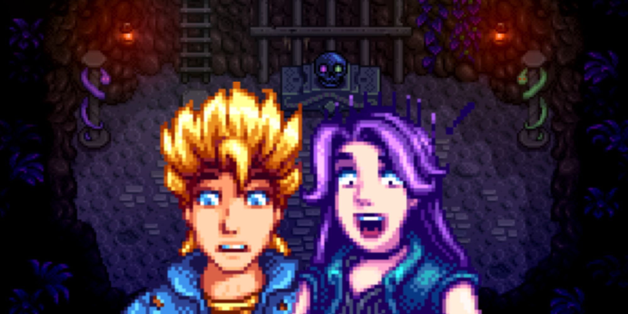 Sam and Abigail look scared in front of the Shrine of Challenge in Stardew Valley.