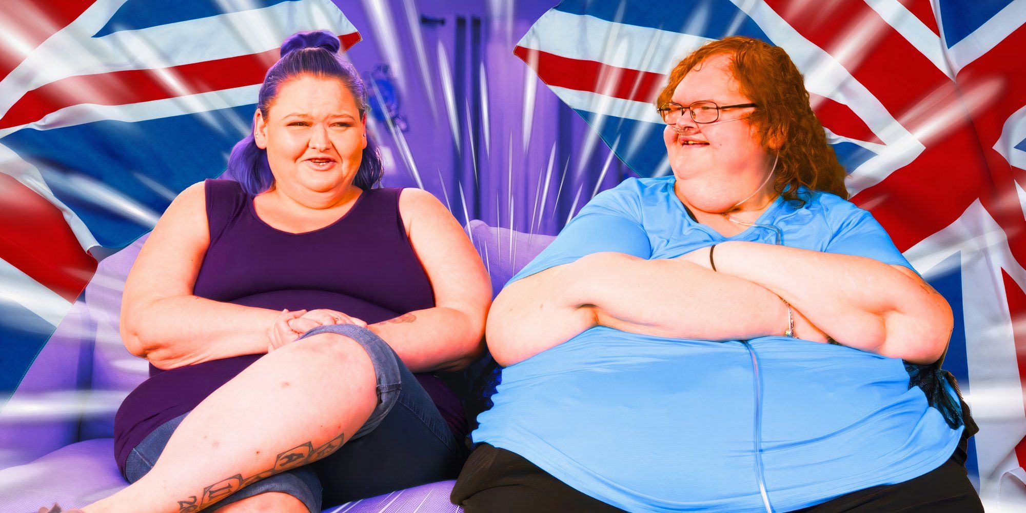 1000 lb Sisters Tammy and Amy Slaton smiling with a British flag background