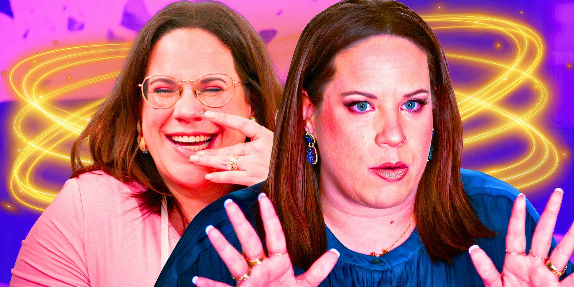 montage of Whitney looking serious with hands up and laughing