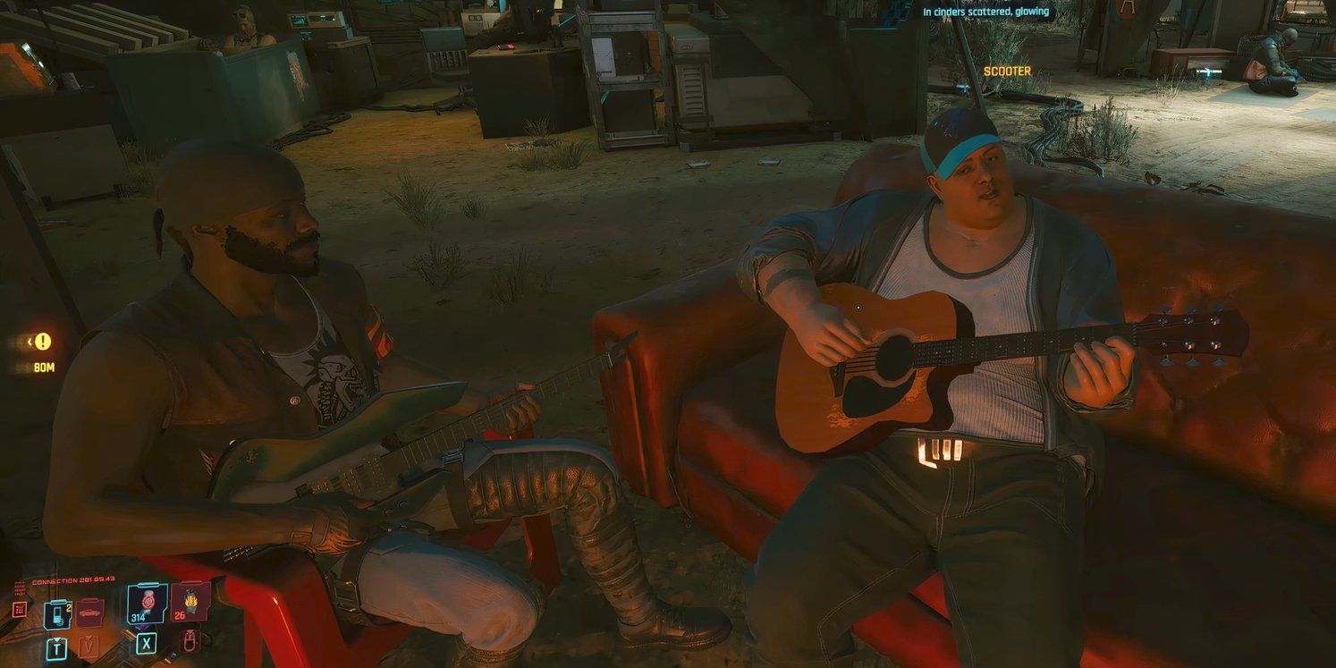 Scooter y otro Aldecaldo tocan la guitarra sobre tablas en un campamento en una captura de pantalla de Cyberpunk 2077.