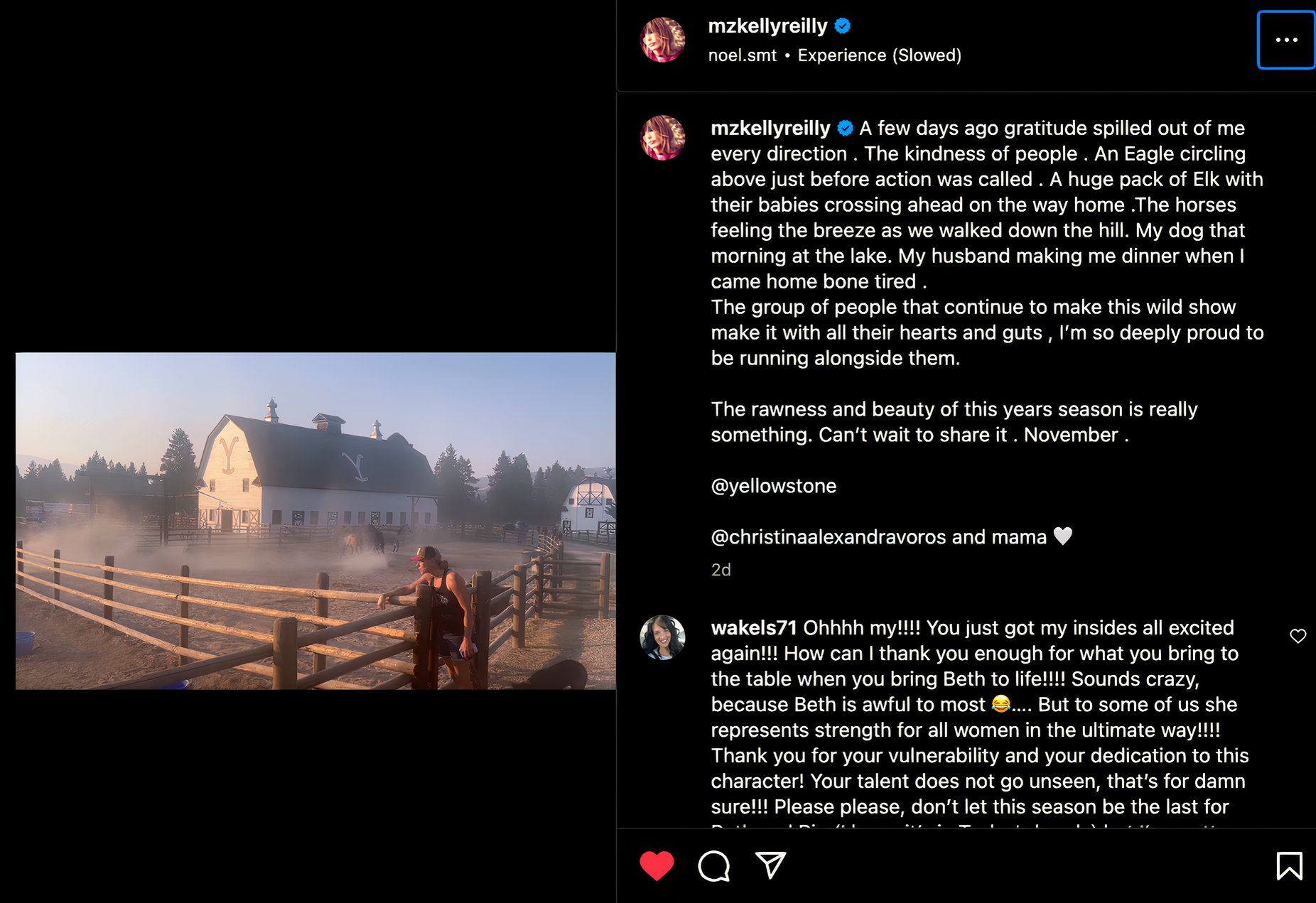 Kelly Reilly's Yellowstone Season 5, Part 2 update on Instagram