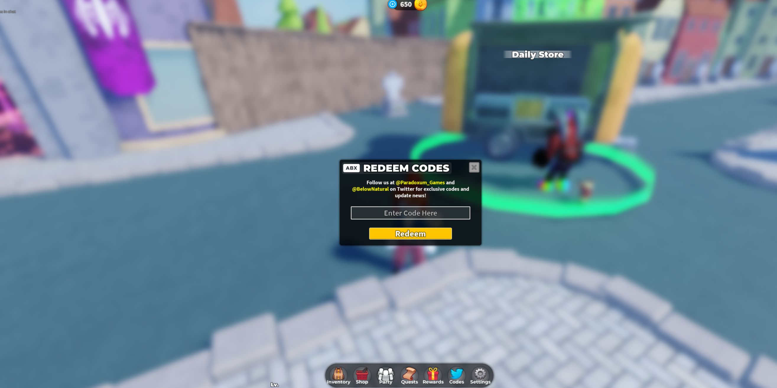 Pantalla de canje de código en Roblox Tower Defense Simulator