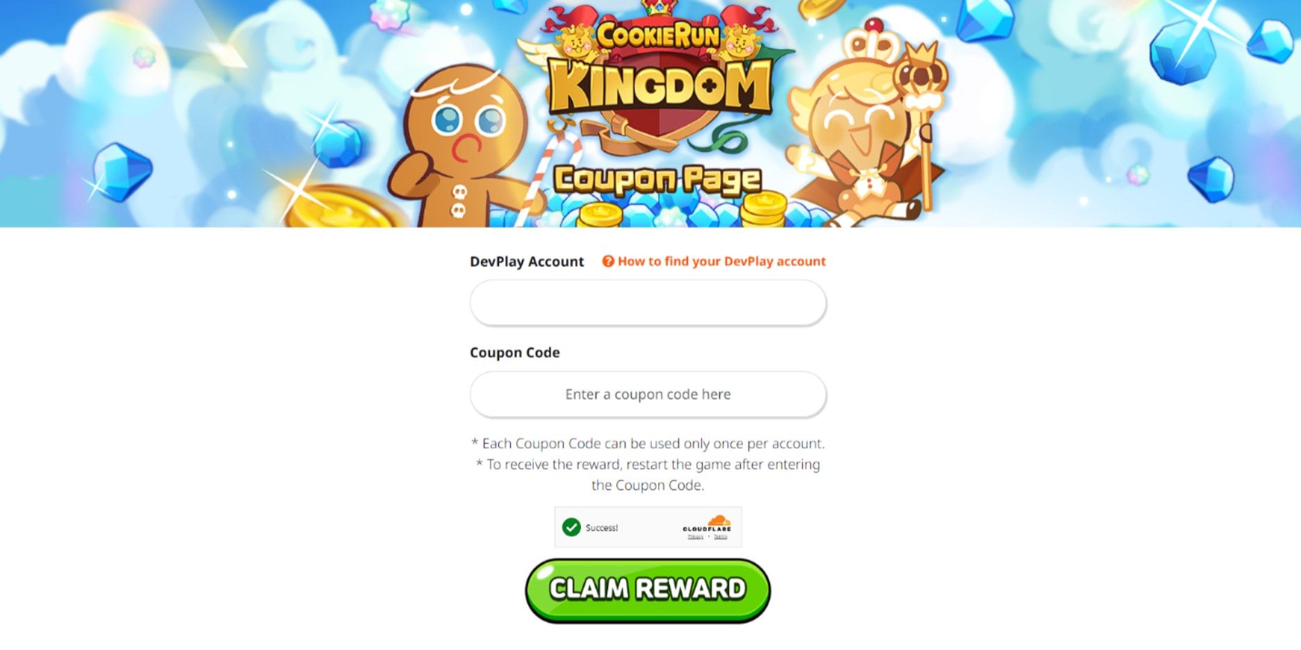 A página de cupons no site do Cookie Run Kingdom.
