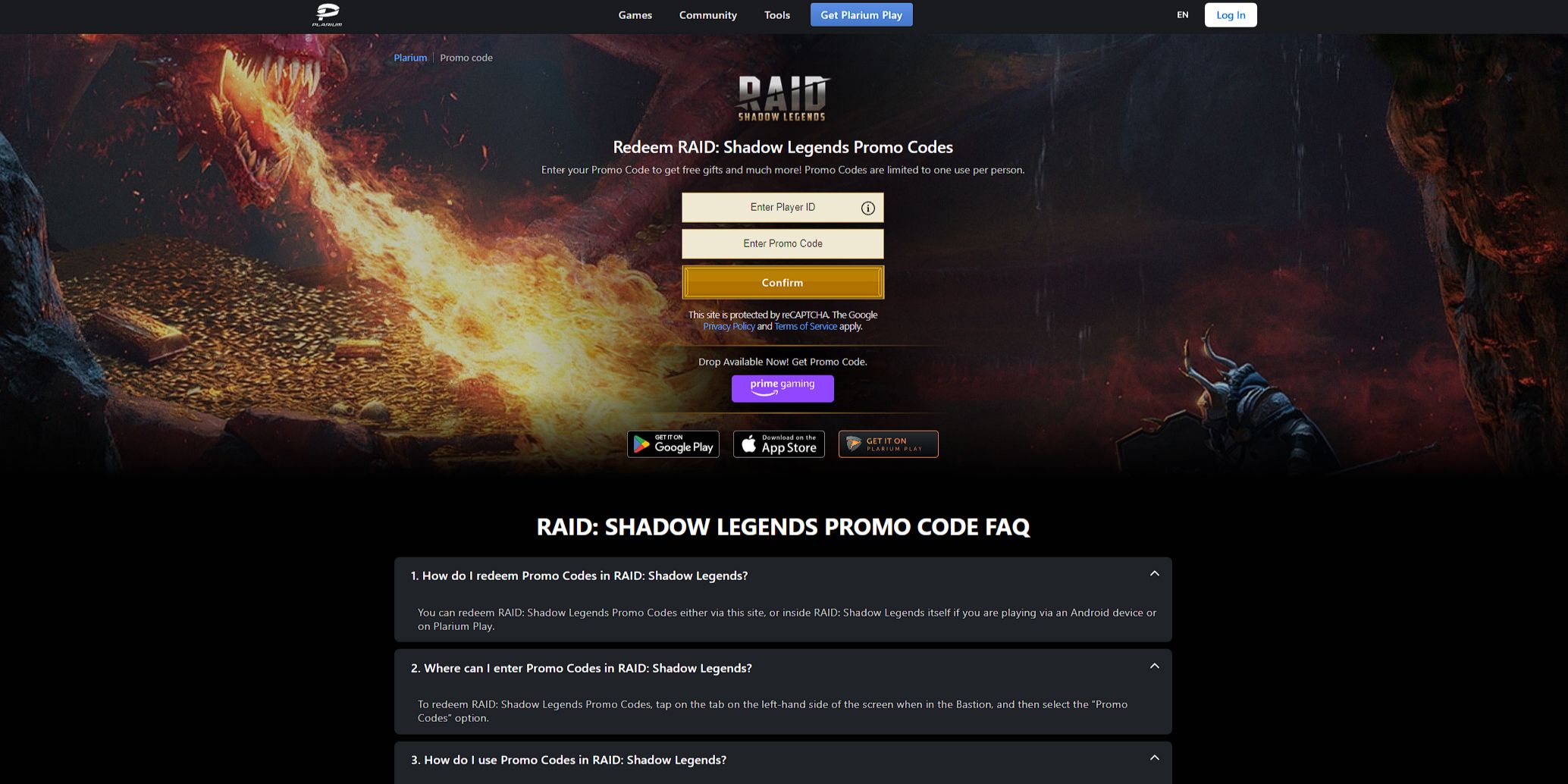 A tela de resgate do código no site Raid Shadow Legends